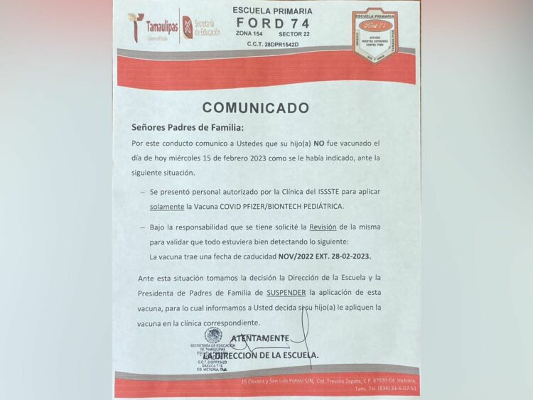 Entrega ISSSTE vacunas inservibles de Covid a escuela de Tamaulipas
