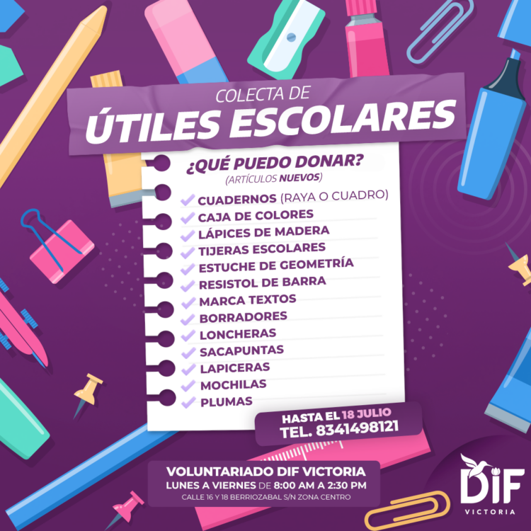 Invita DIF Victoria a la donación de útiles escolares para niñas y niños ensituación vulnerable.