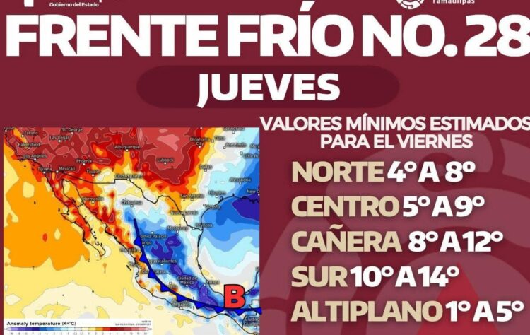 Frente frío 28 provocará temperaturas de un solo dígito en Tamaulipas